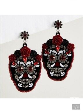 🆕️☠️RED & BLACK DAY OF THE DEAD SUGAR SKULL STATEMENT EARRINGS☠️